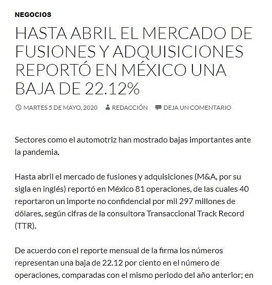 Hasta abril el mercado de fusiones y adquisiciones report en Mxico una baja del 22.12%